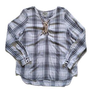 GH Bass & Co Black & White Plaid Lace-Up Blouse Top Long Sleeve Women’s Size L
